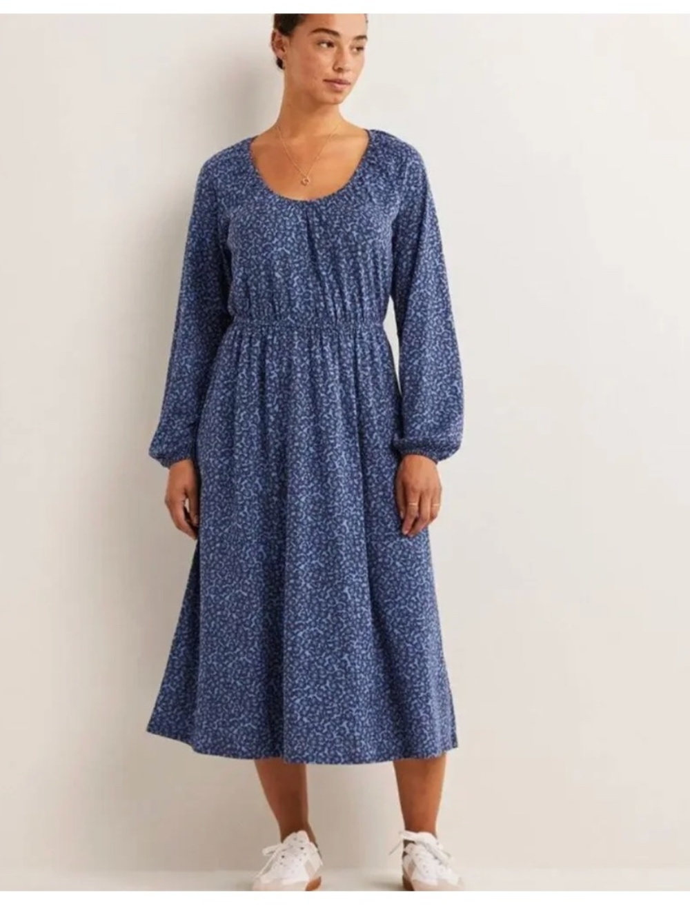 Boden Scoop Neck Jersey Midi Dress Riviera Blue Floral Elastic Waist Long Sleeve